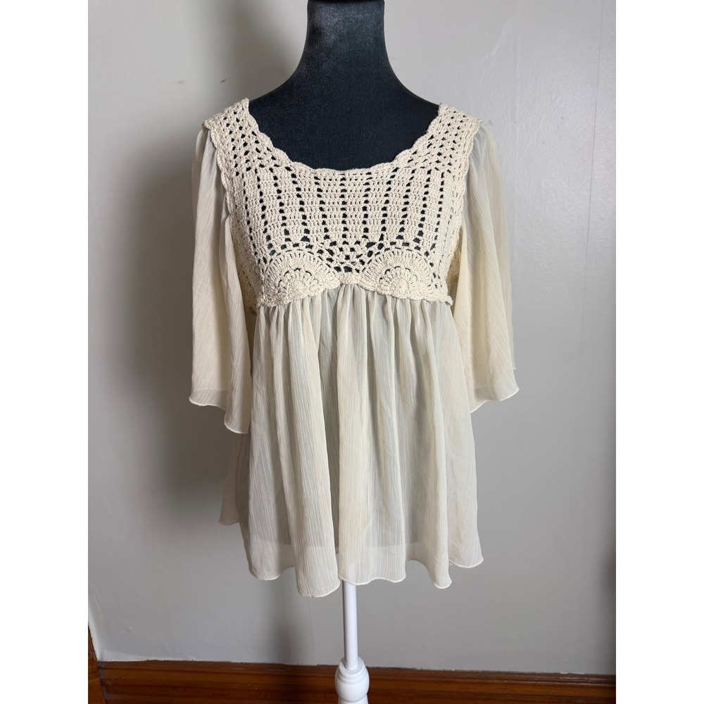 Roz & Ali Cream Crochet Yoke Boho Babydoll Blouse Sheer Bell Sleeve Top Medium
